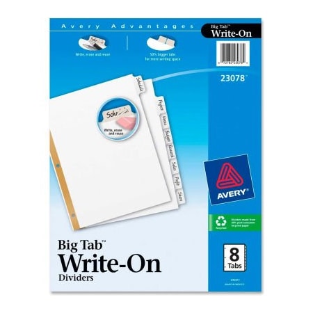 Avery Dennison Avery Big Tab Write-On Divider with Erasable Tab/Write-on, 8.5"x11", 8 Tabs, White/White 23078